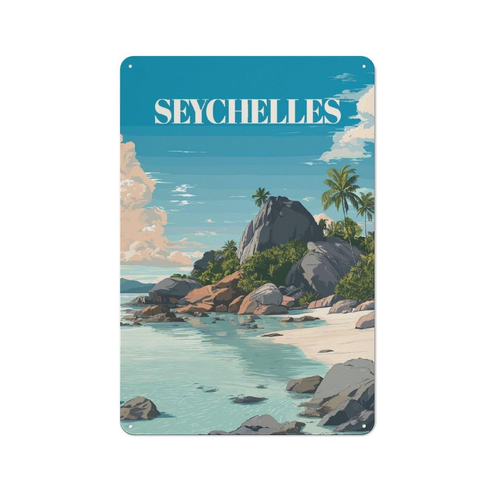 Junmoney Style-5 Workshop Style Garage Metal Sign 30X20cm Featuring Seychelles Beach Travel, Industrial Wall Art For Workshop, Basement, Shed Or Games Room