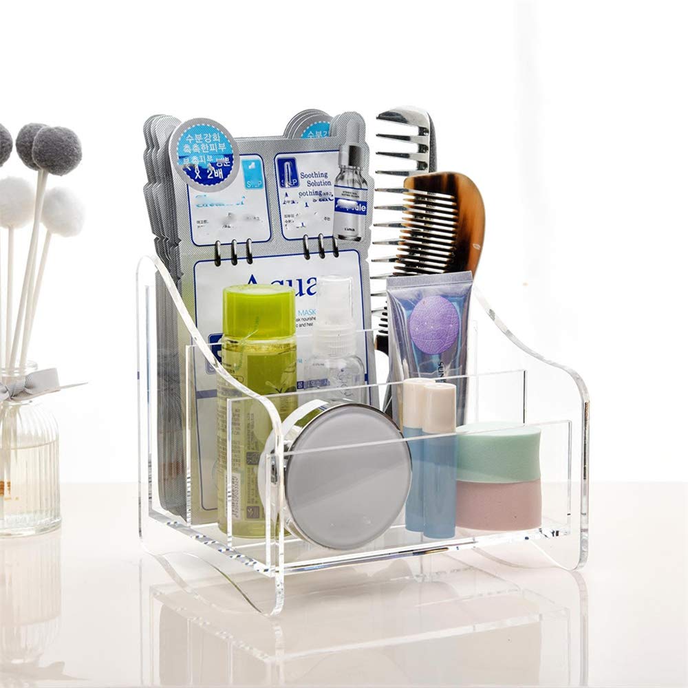 Bandeja organizadora de maquillaje de acrílico transparente, caja de almacenamiento de vitrina cosmética de 3 espacios, for lápiz labial, brochas de maquillaje y productos for el cuidado de la piel,Bl