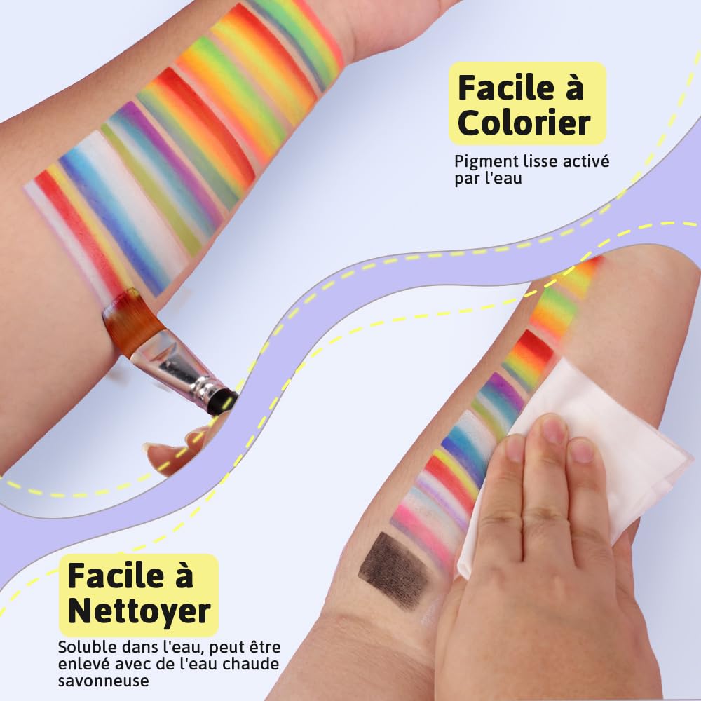 Janolia Palette Maquillage Enfant, 34 Couleurs Fluorescents UV Peinture Visage Enfant avec 3 Pinceaux, Peinture Corporelle, Kit Maquillage Enfant pour Carnaval Halloween Cosplay Fête D'anniversaire