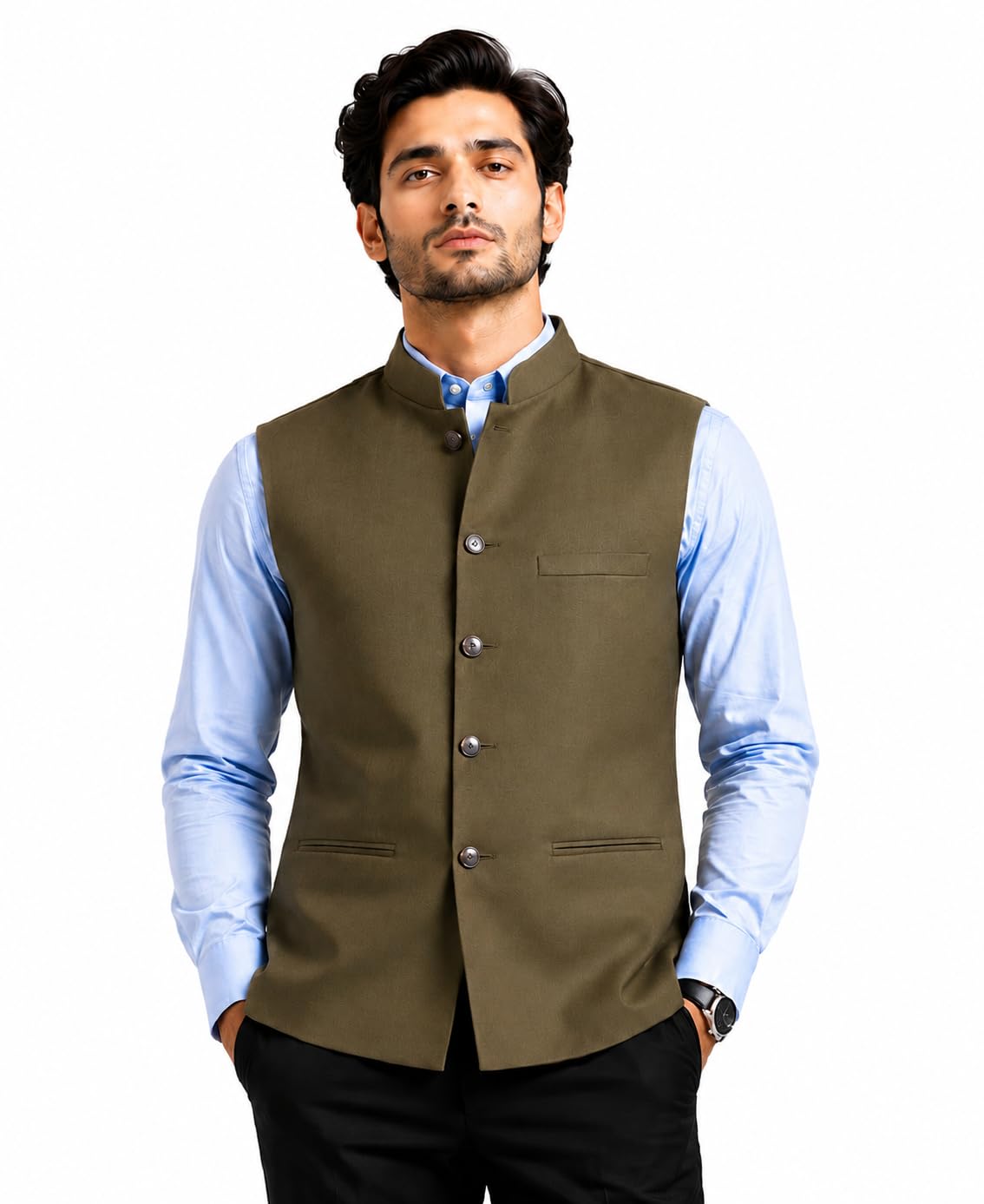men's cotton blend solid nehru jacket slim fit sleeveless waistcoat mandarin collar 3 pocket ethnic jacket for wedding party and formal wear