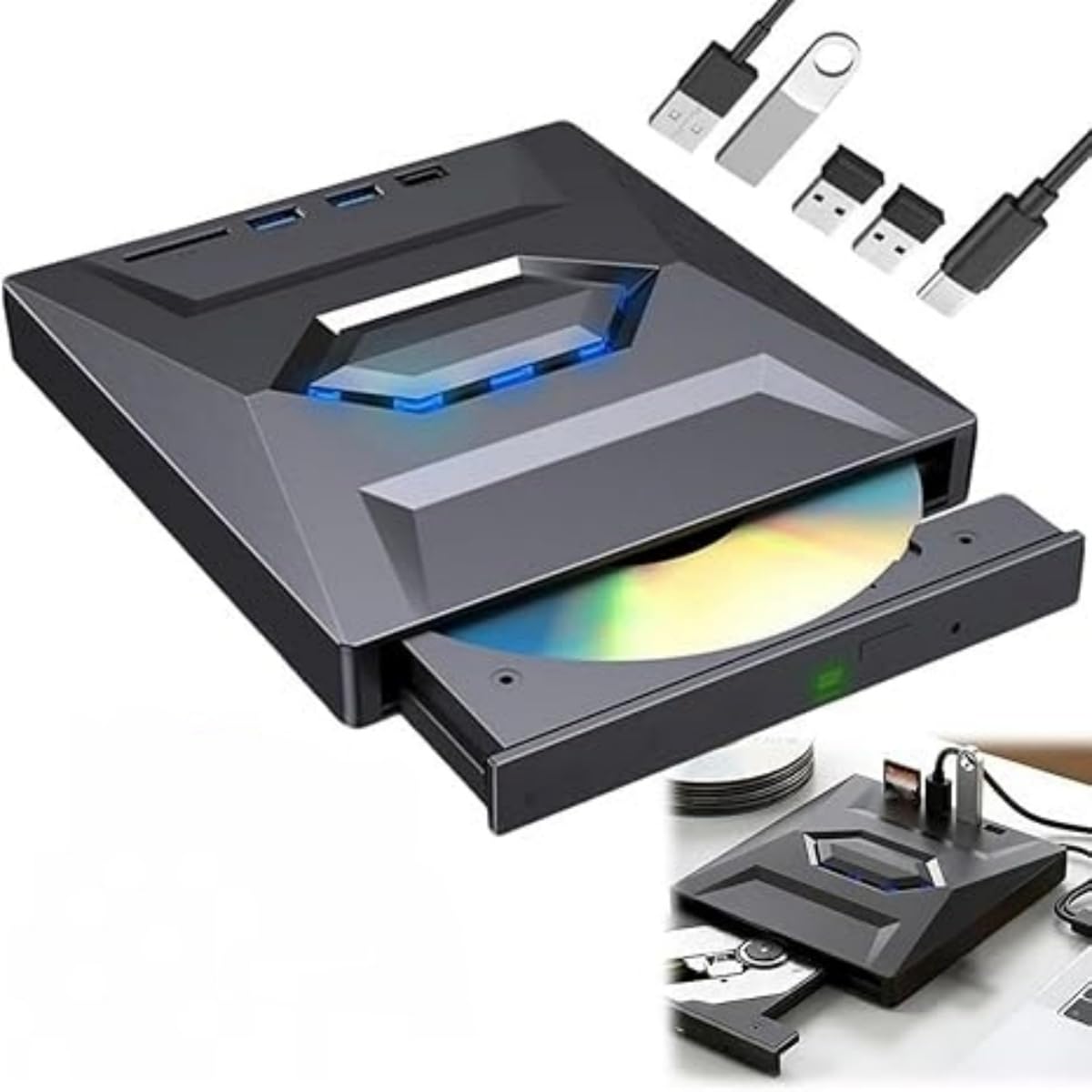 7-in-1 Externes USB-DVD-Laufwerk & Blu-ray-Player, USB C 3.0 Typ-C Tragbarer BD/DVD/CD-Brenner, Lesegerät mit 3 USB-Ports, Hub & SD/TF-Kartenleser, 6 x Blu-ray-Laufwerk für Desktop-Laptop