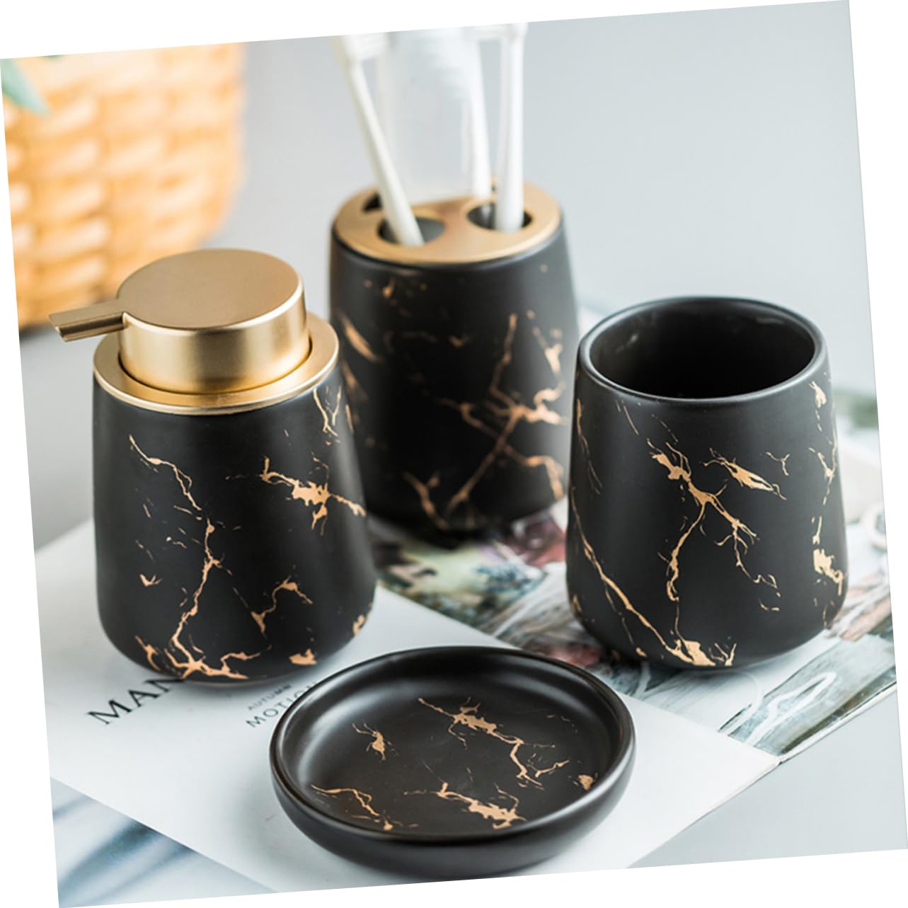 Juego de Accesorios de Baño Vaso para Cepillos de Dientes, Jabonera de Cerámica, Acabado Mármol Negro Mate, Set 4 Piezas, Adecuado para Baño y Organización Sanitaria