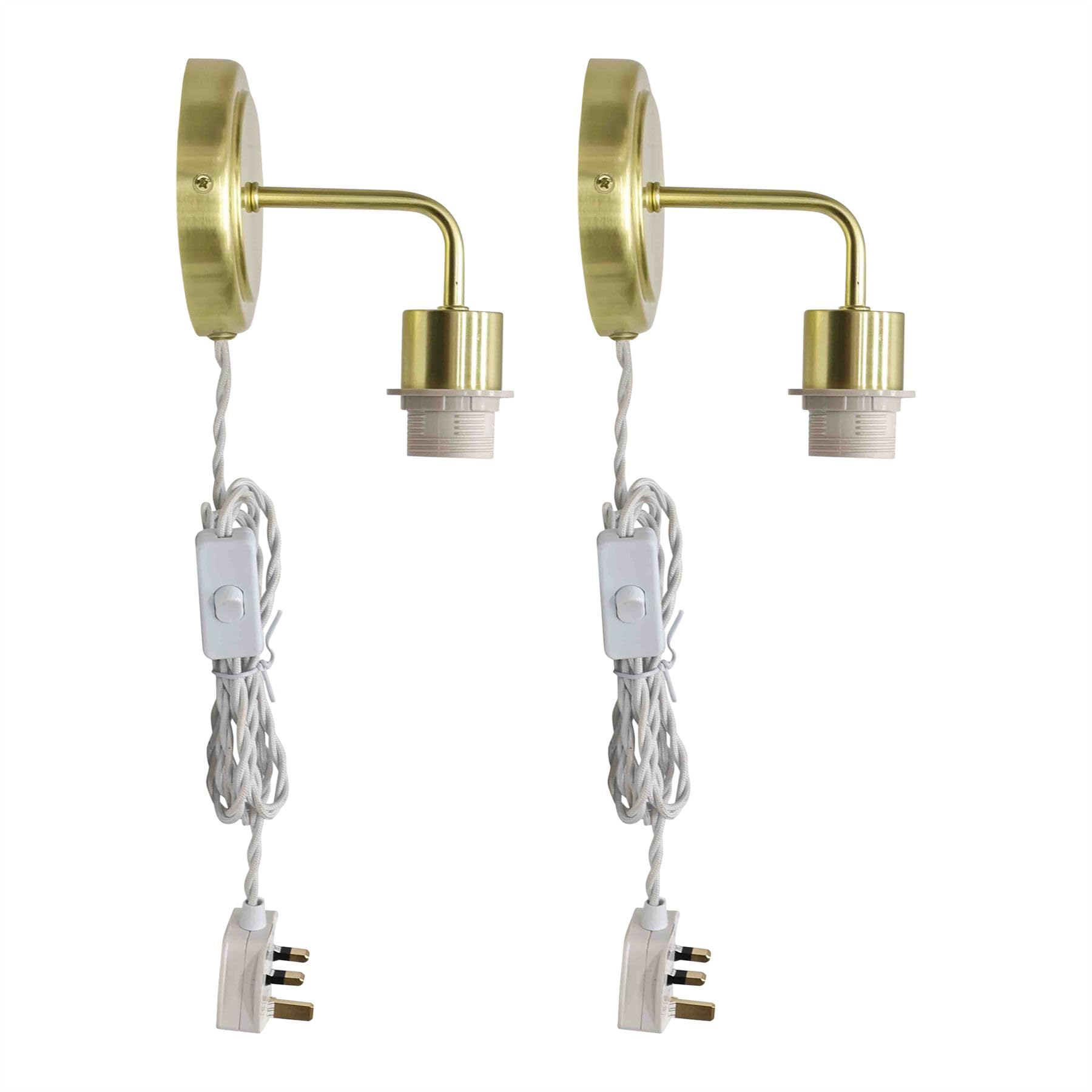 Firstchoicelighting Satin Brass Set Of 2 Plug In Wall Lights Or Reading Bedside Lamps, Inline On/Off Switch, 3 Pin, Fitting Only