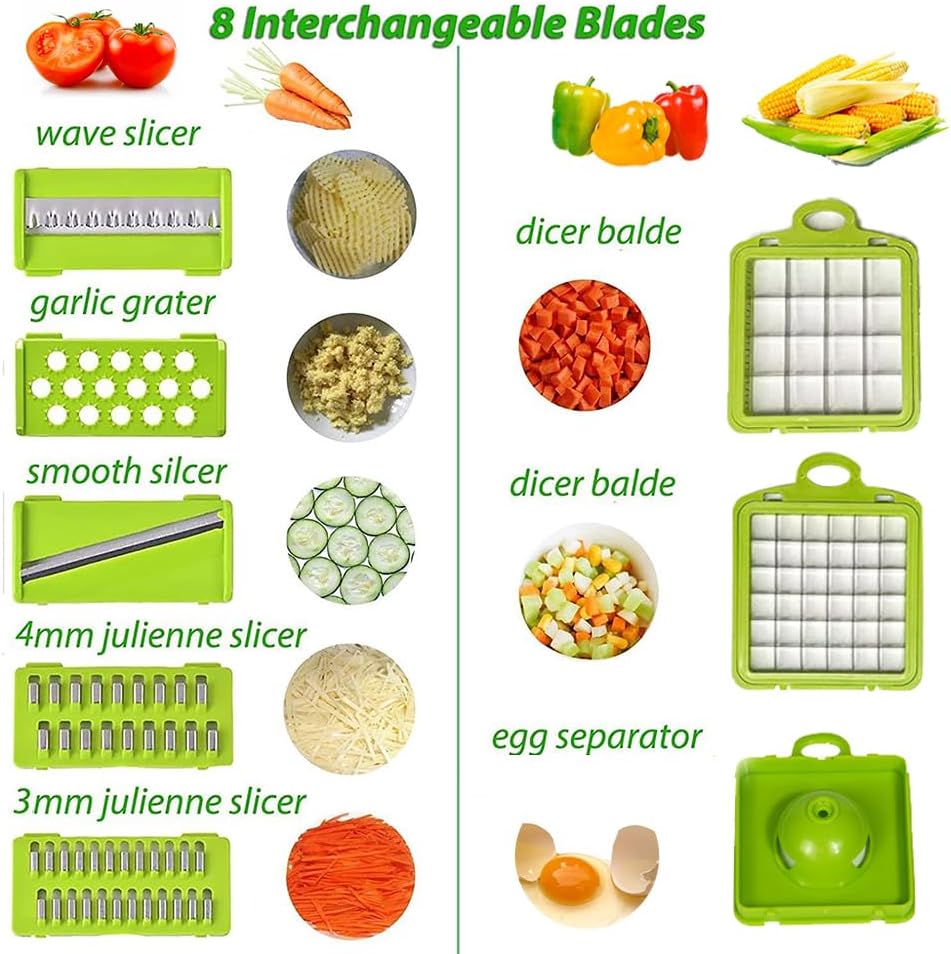 Miniatura 6 de Picador de verduras, picador de alimentos multifuncional 16 en 1, picador profesional de cebolla con 7 cuchillas, cortador de verduras con