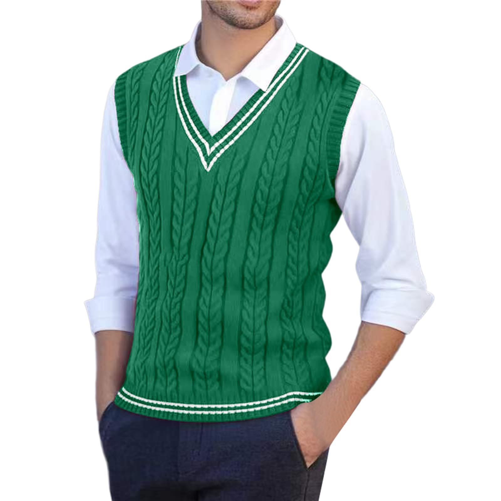 2025 Chaleco de suéter para hombre, ajuste estrecho, casual, tejido, sin mangas, cálido, para el invierno, en capas, elástico, cómodo, ligero, cuello redondo Chaleco Genérico de septiembre, verde, XXL