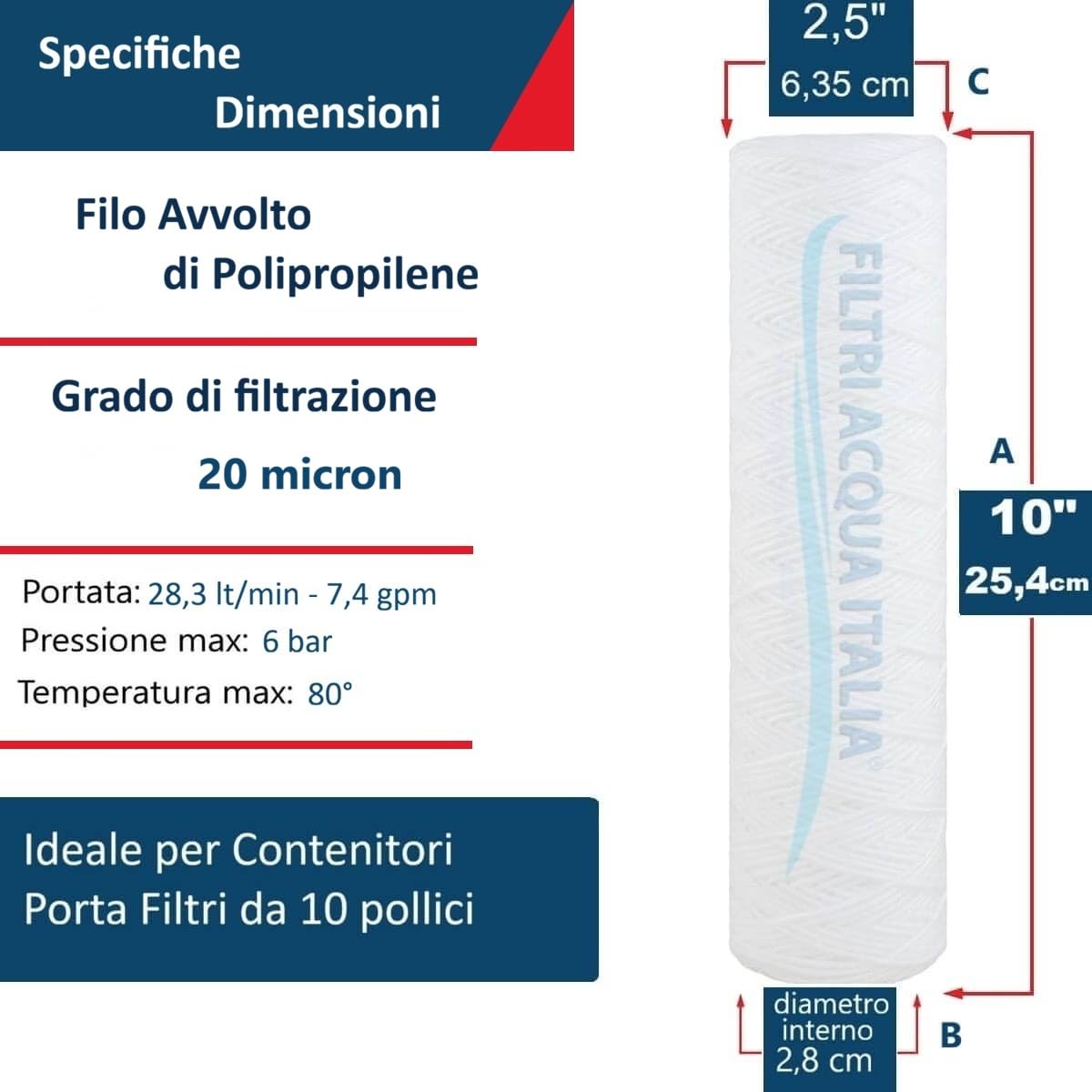 Filtri Acqua Italia Lot de 6 cartouches filtrantes filtrantes enroulées 10' 20 microns