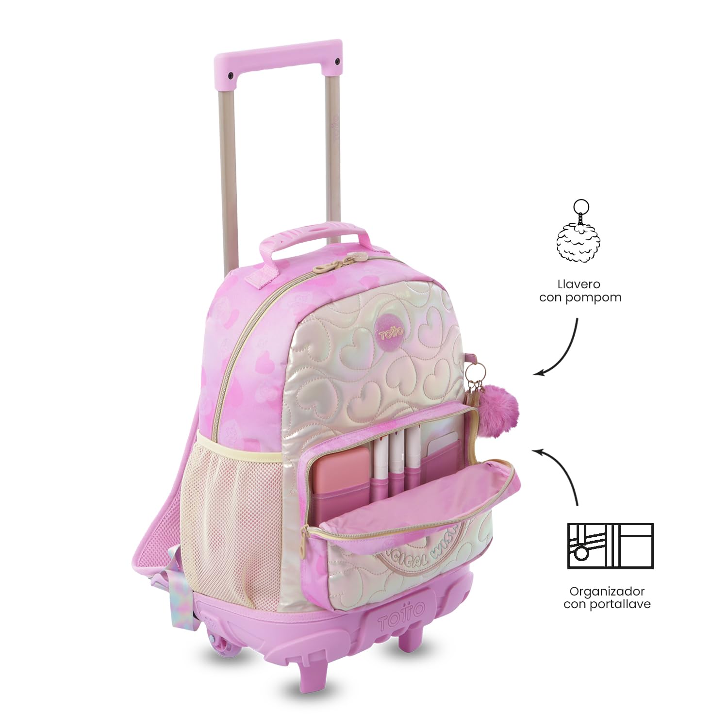 TOTTO - Mochila Escolar con Ruedas, Modelo Unicorn Kisses M, Mochila Mediana, Capacidad 23L, Bolsillos Botella, Compartimento Frontal, Protección en la Base, Correas Ajustables, Estampado Rosa
