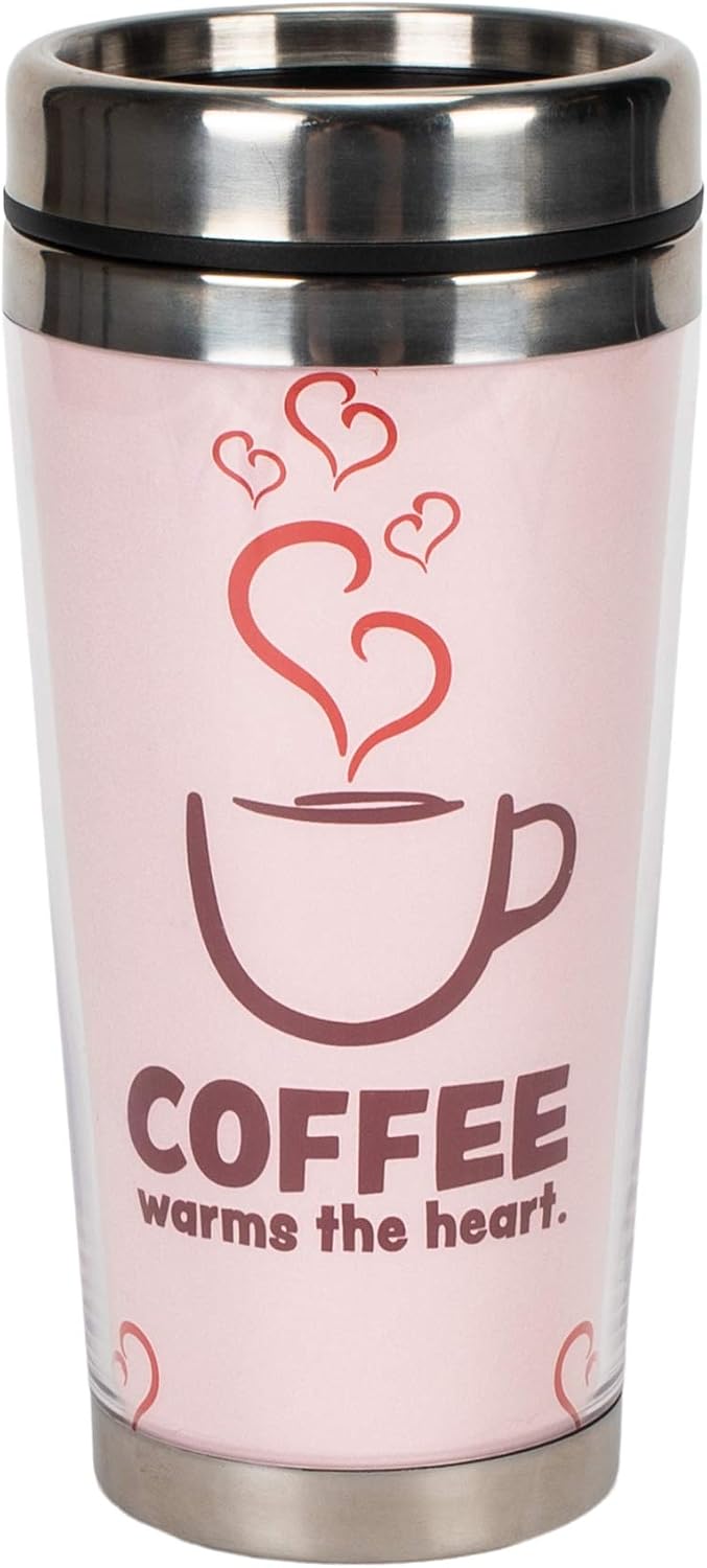 Coffee Warms The Heart Blush Pink 16 Ounce Stainless Steel Travel Tumbler Mug with Lid