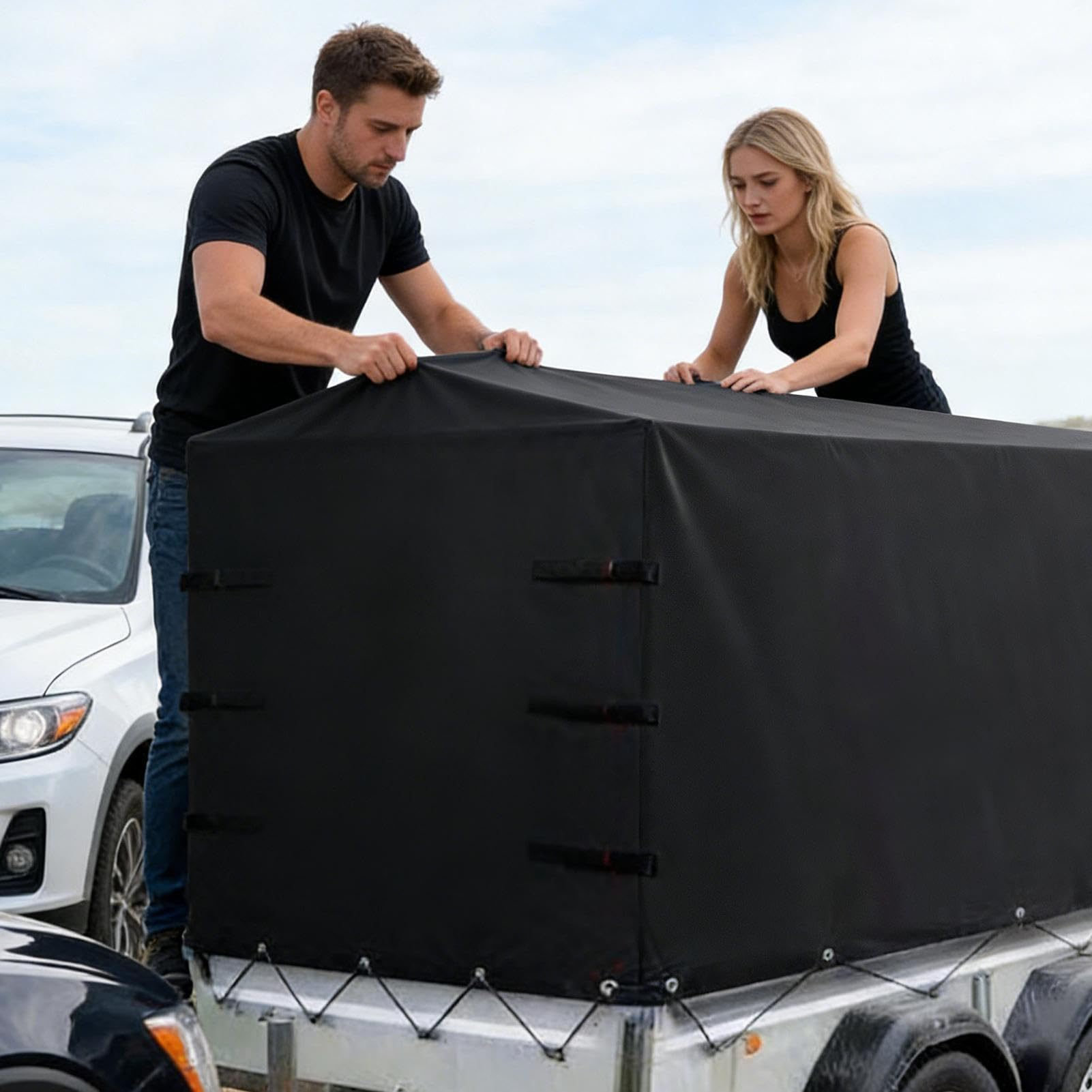 Anhängerplane Hochplane 210x114x90 cm – Wasserdichtes 600D Oxford Gewebe – Reißfeste Anhängerabdeckung UV-Schutz LKW Abdeckplane mit Gummigurt – Schwarz Schutzhaube für PKW Anhänger & Trailer