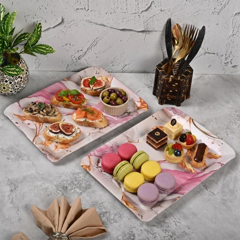 Image of Golden Fish Floral Print Serving Tray Set of 2 Medium Size for Kitchen Dining and Tea Serving Rectangular Melamine Snack Tray Lightweight Durable Multipurpose Food Serving Tray Home and Party Use