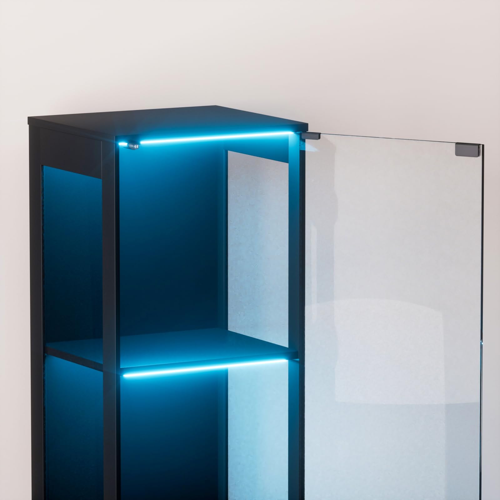 Glasvitrine Vitrine mit LED Beleuchtung & Intelligente Sensorik, 4-Lagen Standvitrine Sammlervitrine für Wohnzimmer Schlafzimmer Büro, Schwarz,40x35x165cm
