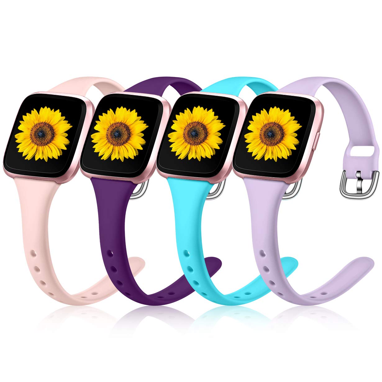 Wepro 4 Pack Slim Bands Compatible with Fitbit Versa 2/Fitbit Versa/Versa Lite/Versa SE for Women Men, Replacement Wristband Accessory for Fitbit Versa Smartwatch, Small, Lavender, Pink, Teal, Plum