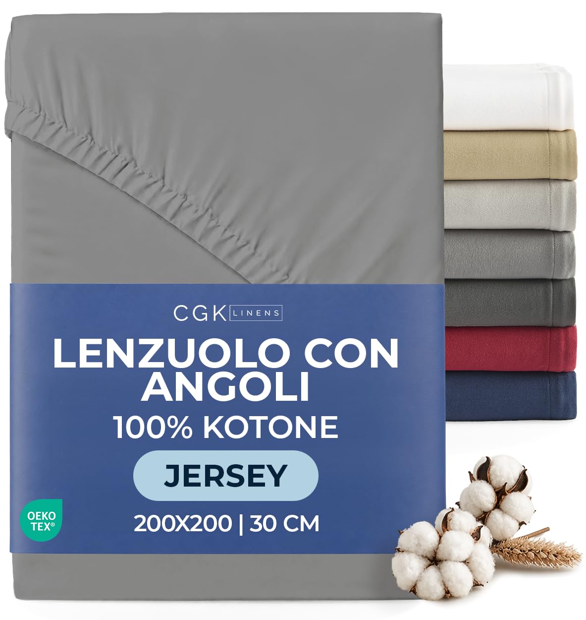 Lenzuolo con Angoli 200x200 - Jersey Cotone Tasca 30cm (12") - Grigio Scuro | Cotone Elasticizzato Morbido, Traspirante, Elastico Tutto Intorno, Facile da Stirare, Lavabile in Lavatrice, OEKO-TEX