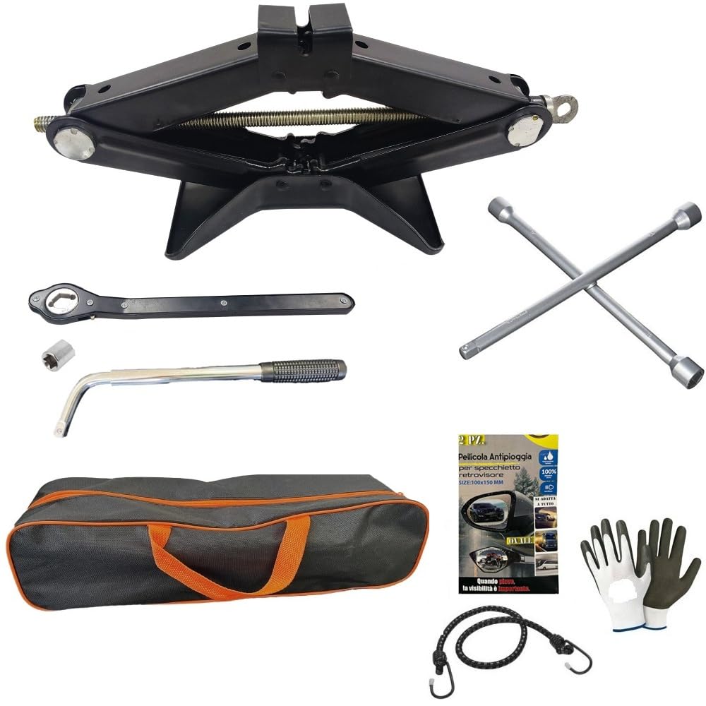 CRIC A PANTOGRAFO DA 2 TONNELLATE+CHIAVE A CROCE PER SVITARE BULLONI AUTO CRIK CON CRICCHETTO E CHIAVE INGLESE COMPATIBILE CON BERTONE KIT AUTO SET SOLLEVAMENTO GOMME