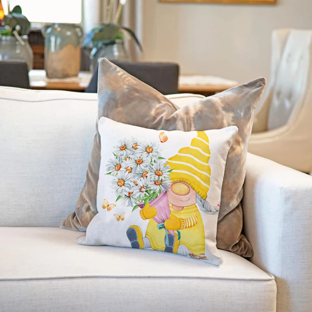 All Smiles Set di 4 federe decorative per cuscini da esterno, 66 x 66 cm, per primavera ed estate, decorazioni per la casa, per patio, divano, sedia, divano, margherita, gnomi floreali