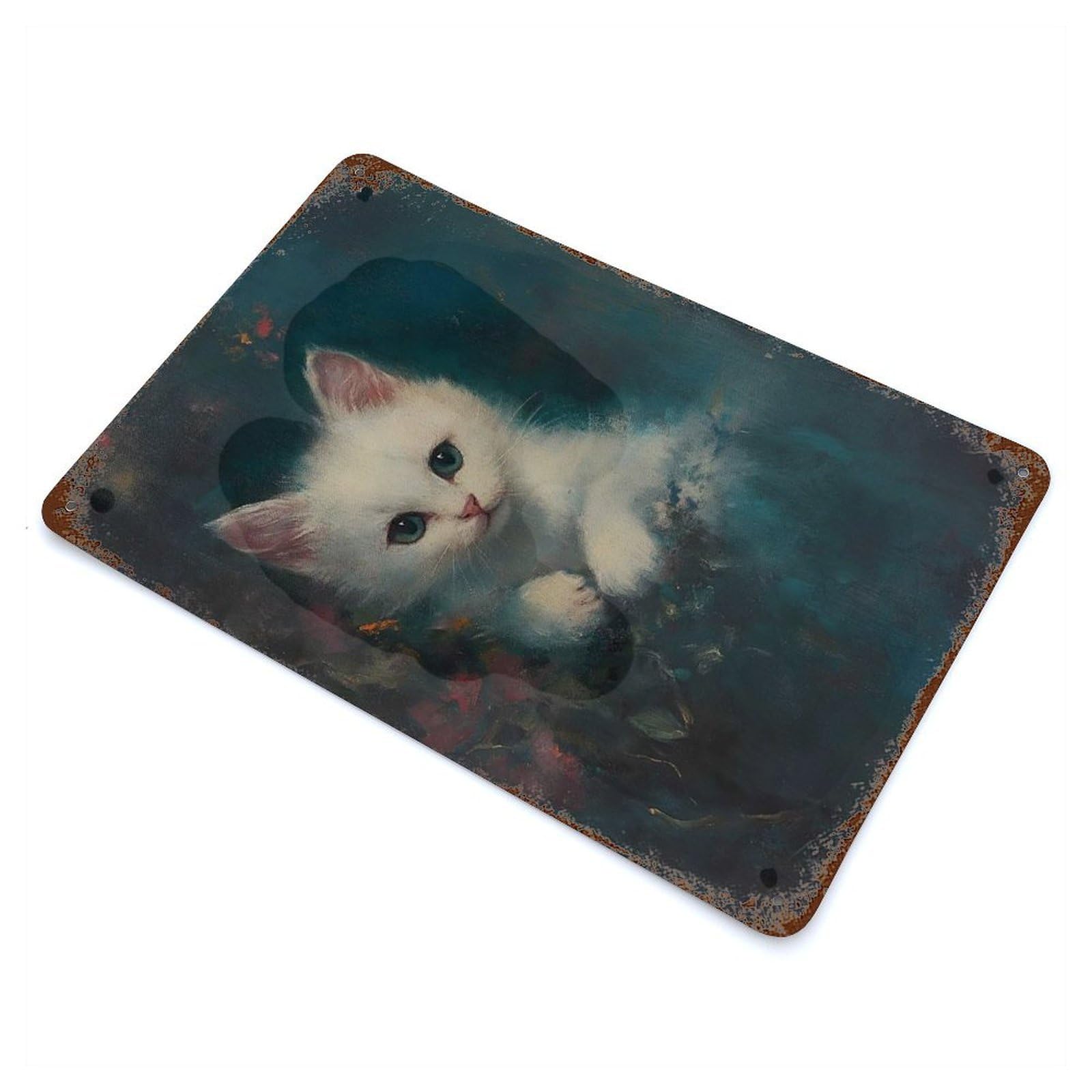 Distressed Metal Wall Sign White Kitten Portrait 11.8"x7.9", Vintage Wall Decor for Cafe, Home Bar And Lounge Decor