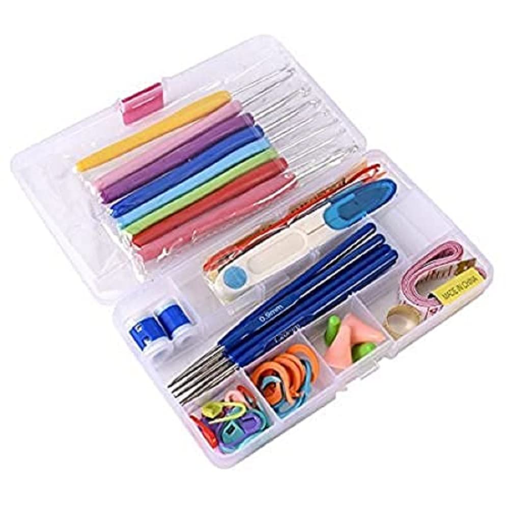 RKPM HOMES Needle Arts Crochet Set | 51 Pcs Plastic Yarn Sewing Tools Ergonomic Sewing Kit with 16pcs Soft Grip Handles Hooks 0.6mm-6mm, 1 Scissor, Tape Measure | Tools to Knit Hats, Socks, Sweaters