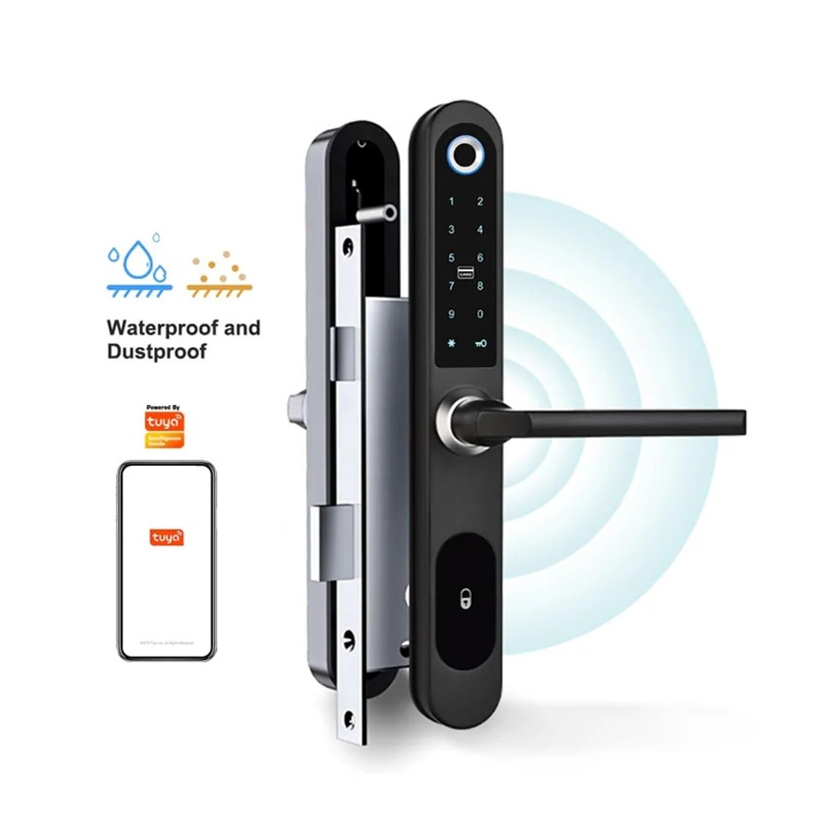 Aluminium Terrasse Glasschiebetür Smart Lock Tuya App Griff Tastatur FingerabdruckElektronisches Schloss Mit Doppelhaken Einsteckschloss Einfache Hohe Sicherheit(Round-01,22270 3585 Hook)