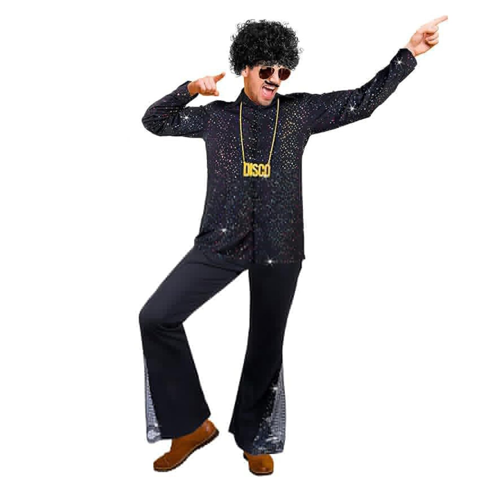 Generisch 6 Stück 70er Jahre Disco Outfit Herren Karneval Kostüm Retro 80er Jahre Glockenunterteil Hosen Hemden Perücken Halskette Schnurrbart Sonnenbrille Faschingskostüme