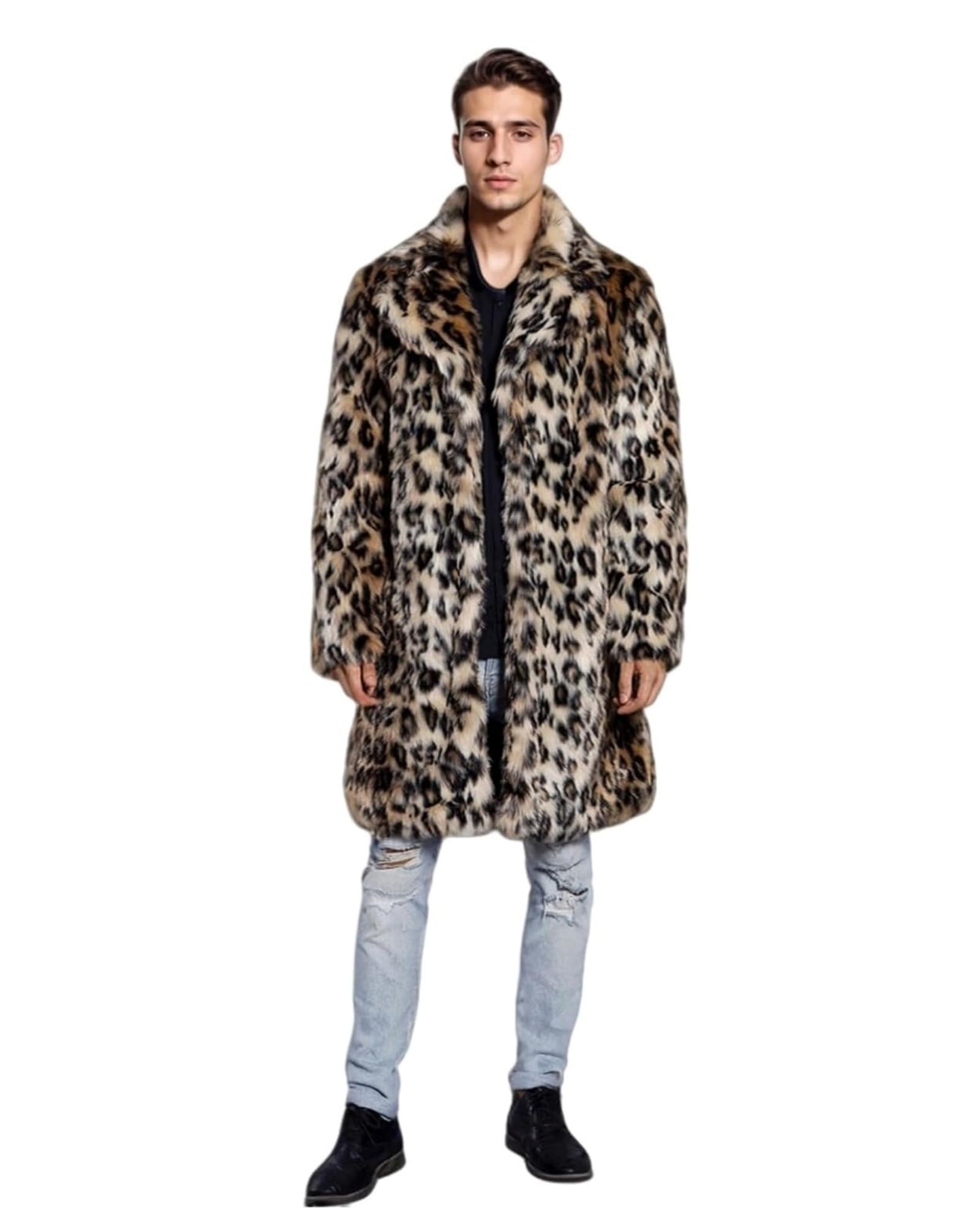 UMREN Mens Warm Leopard Faux Fur Coats Jacket Long Luxury Overwear Parka Cardigans
