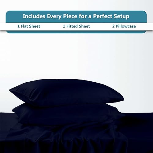 Miniatura 4 de Juego de sábanas de 4 piezas tamaño individual (39 x 75 pulgadas), color azul marino, 100% algodón egipcio, sábanas refrescantes de 600 hilos,