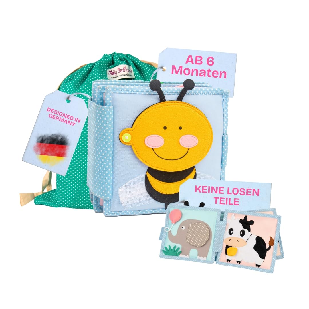 Jolly Designs – Kleine Biene - Mini Quiet Book – Montessori Spielzeug ab 6 Monaten – Motorik & Sensorik fördern – Handgefertigtes Filzbuch – Lernspielzeug für Kleinkinder – Busy Book für unterwegs