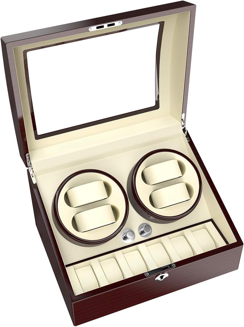4+6 Automatic Watch Winder Luxury Storage Case Rotating Display Box, Wood Shell with Piano Paint, Brown+White