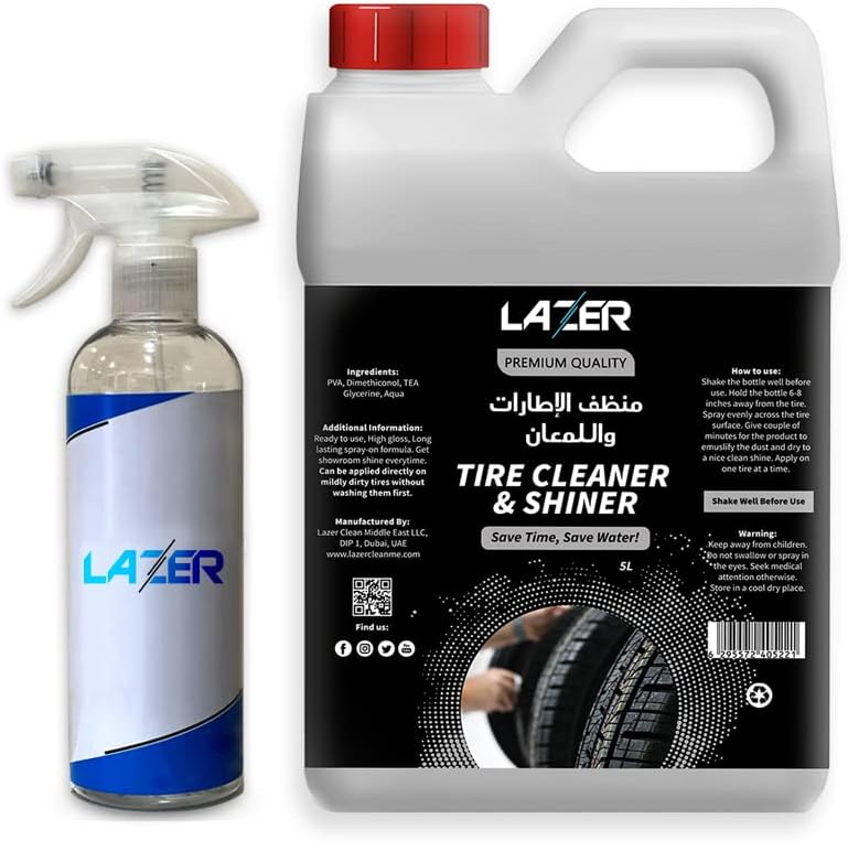 Tire Cleaner and Shiner 5 Liter Gallon with (500ML) Free Spray Bottle, for Alloy, Chrome, All Plastic Parts White Wall Tires, Safe for Cars, Trucks, SUVs, Motorcycles, RVs, & More