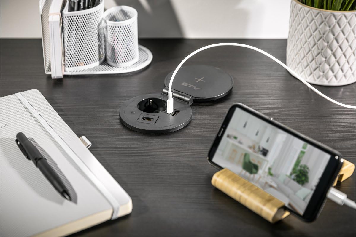 GTV Gniazdo meblowe Charger Plus, ładowarka indukcyjna 5 W, USB-A/HDMI/RJ-45, bardzo płaski profil, idealne do biurka i blatów kuchennych