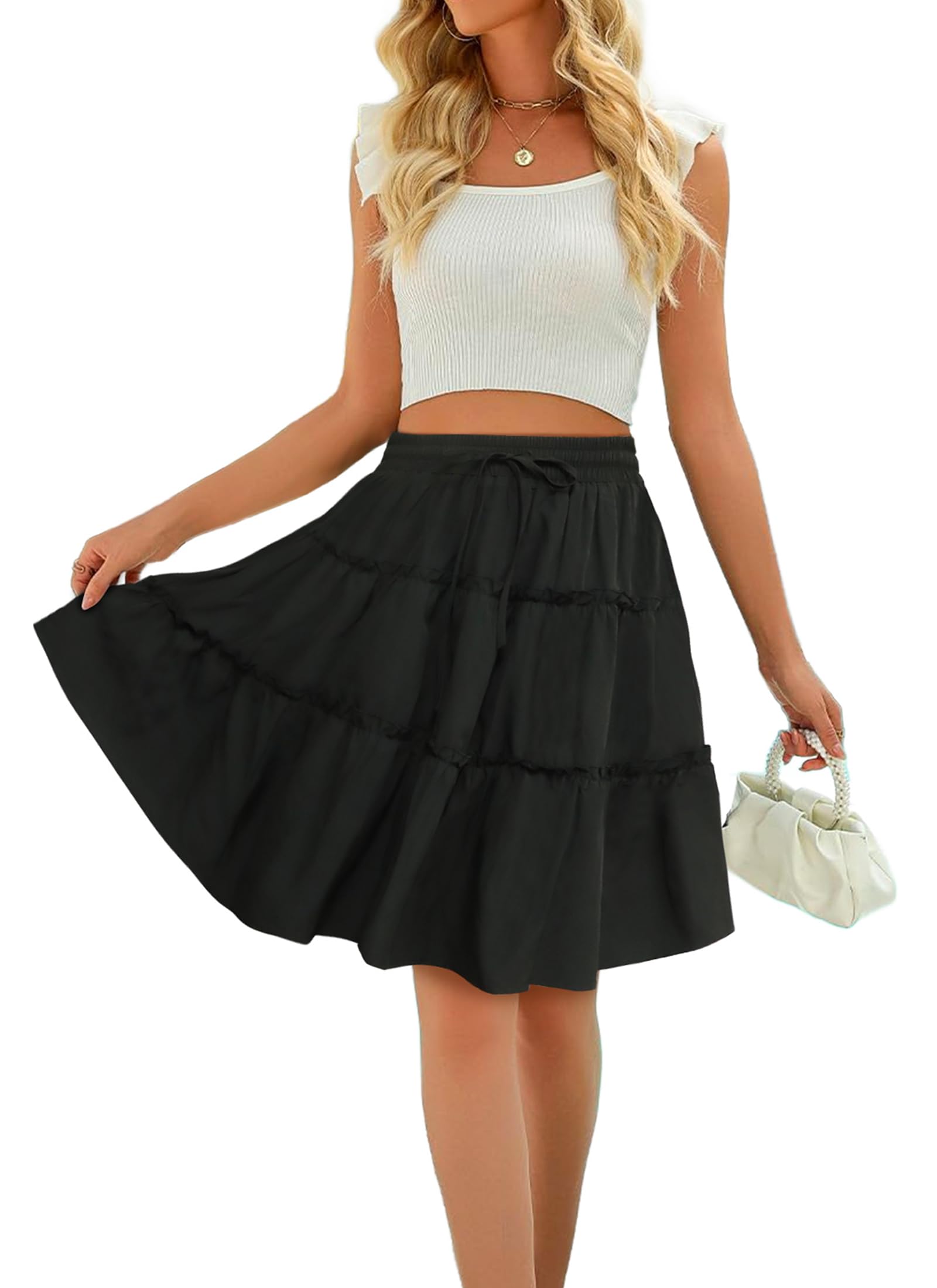 Womens Summer Trendy Mini Cute High Waist Floral Knee Length A Line Boho Skirt Lightweight Ruffle Swing Skirts