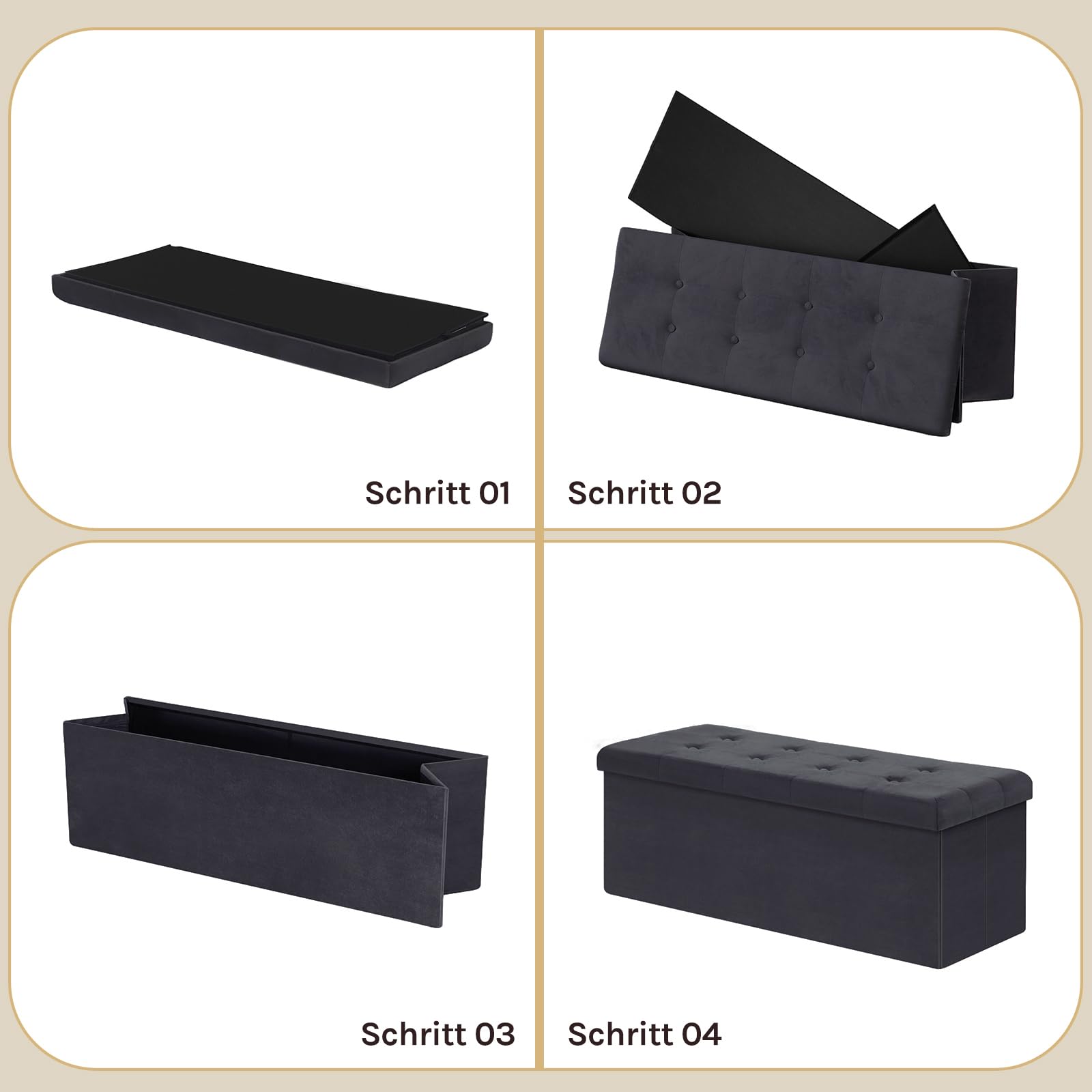 WOLTU Poggiapiedi Cassapanca Contenitore Scarpiera Pouf Sgabello Pieghevole Panca con Coperchio Sedia Bassa in Velluto Nero 110x37,5x38 cm