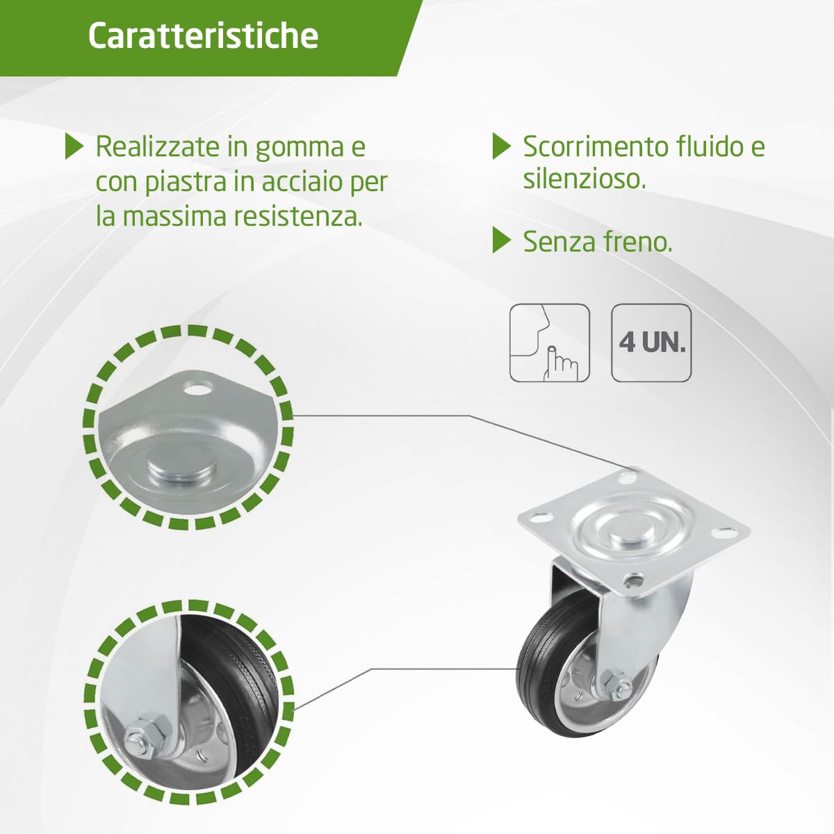 Amig - Set di 4 Ruote per Mobili - Ø 100 mm - Portata Massima per Ruota 90 kg - Piastra in Acciaio - Realizzate in Gomma - Senza Freno - Ideali per Spostare Attrezzature Industriali e Mobili Pesanti