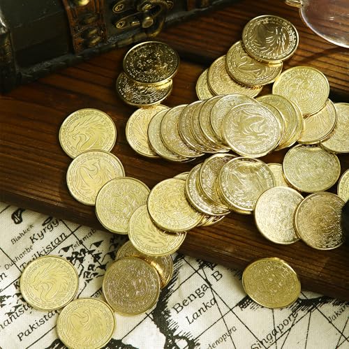 Image of metal coins pirate treasure for dnd props gifts fantasy fake gold | Metal Pirate Coins Treasure Chest Pack of 100 Perfect for D&D and Other Board Games Props Treasure Fake Gold and Gifts