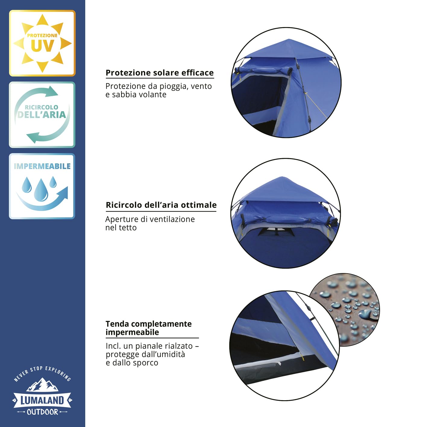 Lumaland Campeggio Tenda | 2-3 Persone Tenda a Cupola 215x195x120 cm | Tenda a Igloo | Trekking all'aperto & Festival Tenda da Lancio | Facile, Impermeabile & Robusto | Costruzione Semplice [Blu]