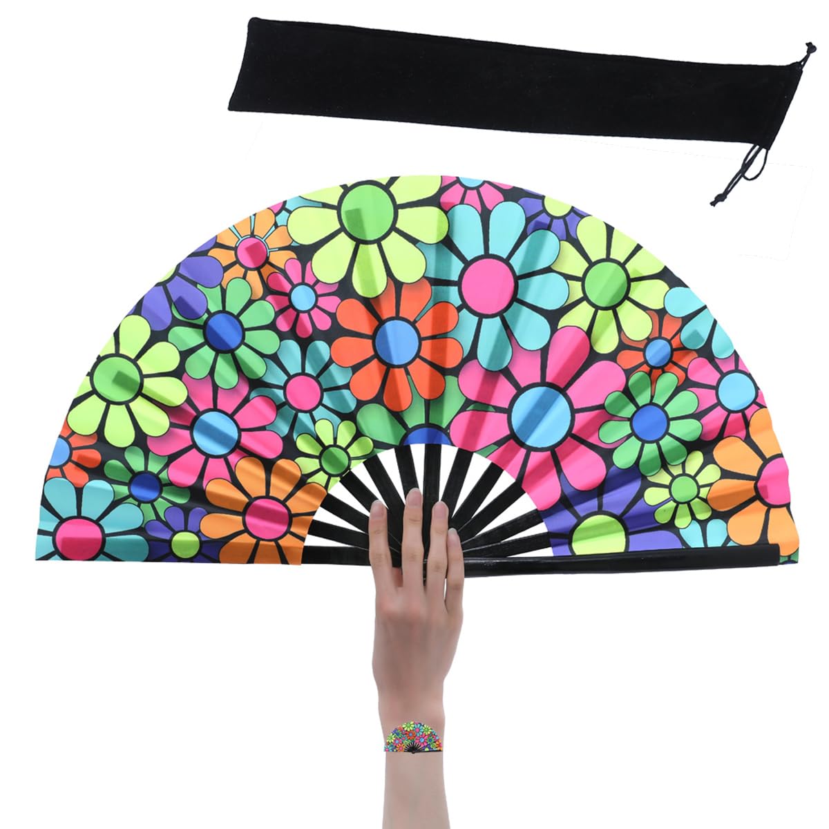 Large Women Clack Fold Hand Fan Fluorescence Printing UV Glow Party Club Prom Disco Freaky Pub Decoration Accessory Flower