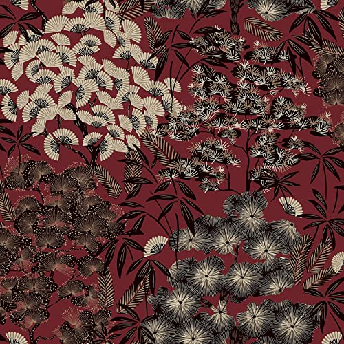 Image of Grandeco Ciara Oriental Leaf Wallpaper - Modern Wallpaper for Living Room, Bedroom, Fireplace - Decorative Luxury Wall Paper with Oriental-Inspired Detailed Leaves (Black/Cream/Red)