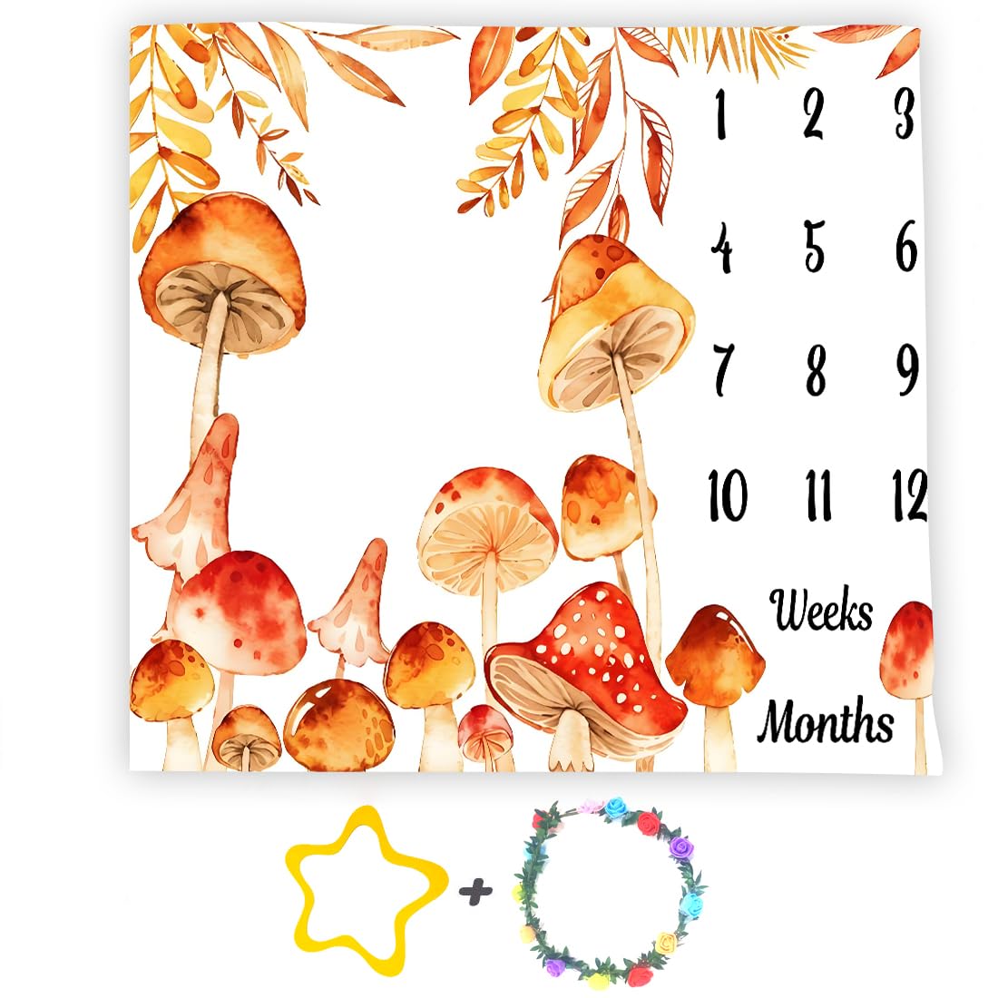 Mushroom Theme Baby Monthly Milestone Blanket Fall Floral, Orange, 48x48in