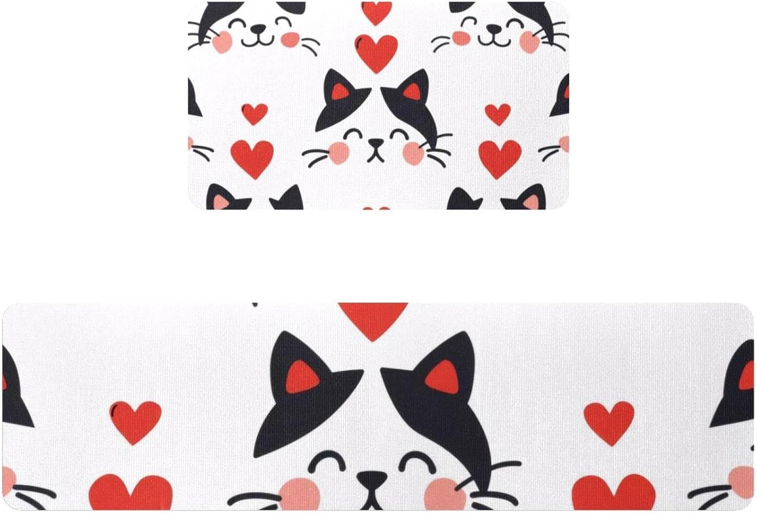 Kitchen Rugs Set of 2, Red Heart Cute Cats Head Kitchen Mats for Floor Washable, Kitchen Floor Runner Mat Cushioned Anti Fatigue