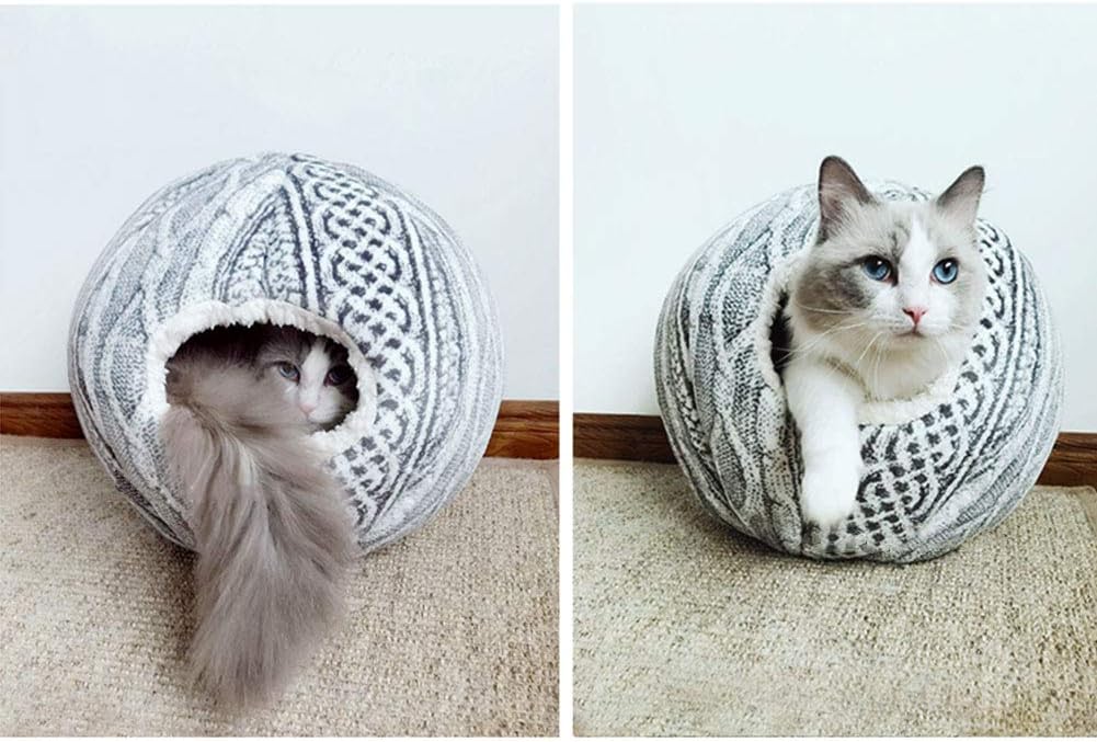 review Handmade Knitted Yarn Round Ball Shape En-Closed Cat Caves Breathable Cozy Durable Self-Warming Pet House Kittens Sleeping Nest Kitty Hideout for Indoor Cats Small Animals Winter Supplies