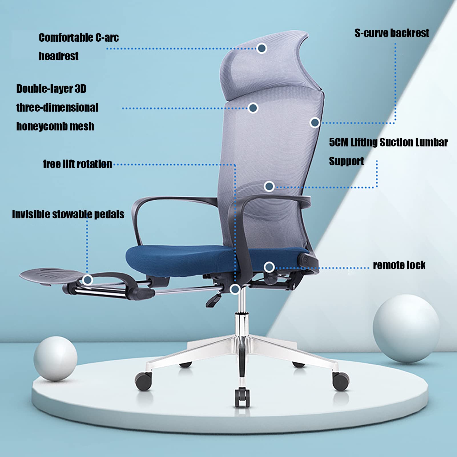 Krzesło biurowe z podnóżkiem, ergonomiczne krzesło biurowe, obrotowe krzesło biurowe z kółkami, podłokietnikiem, zagłówkiem, podparciem odcinka lędźwiowego (Grey Aluminum Alloy Feet)