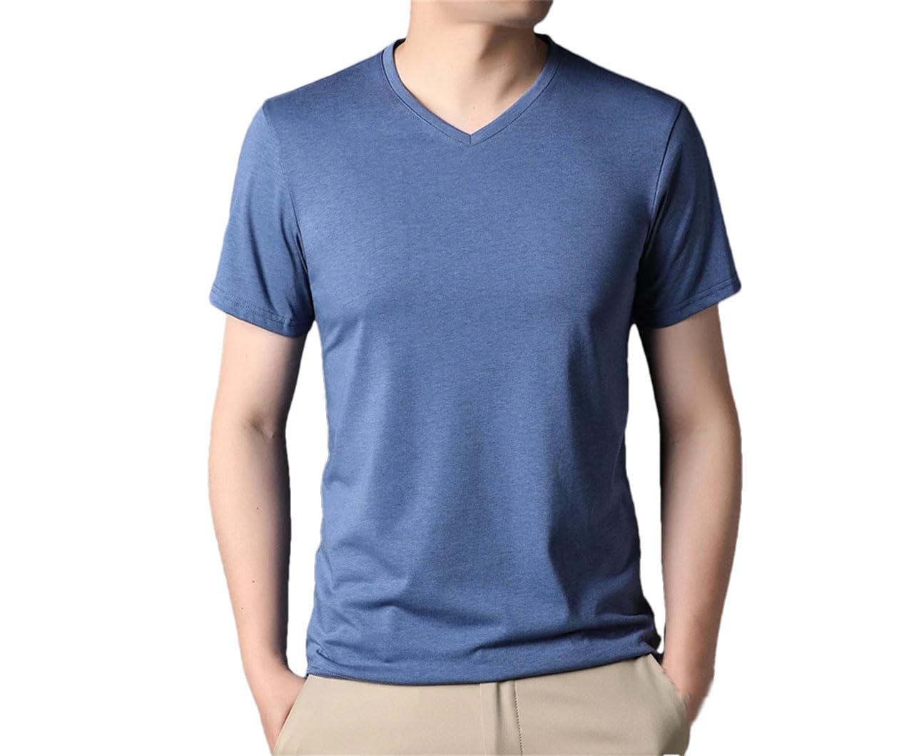 Męska koszulka z dekoltem w serek jedwabna cienka koszulka z krótkim rękawem solidna slim fit trening koszule biurowe, Niebieskie ubrania męskie, XL