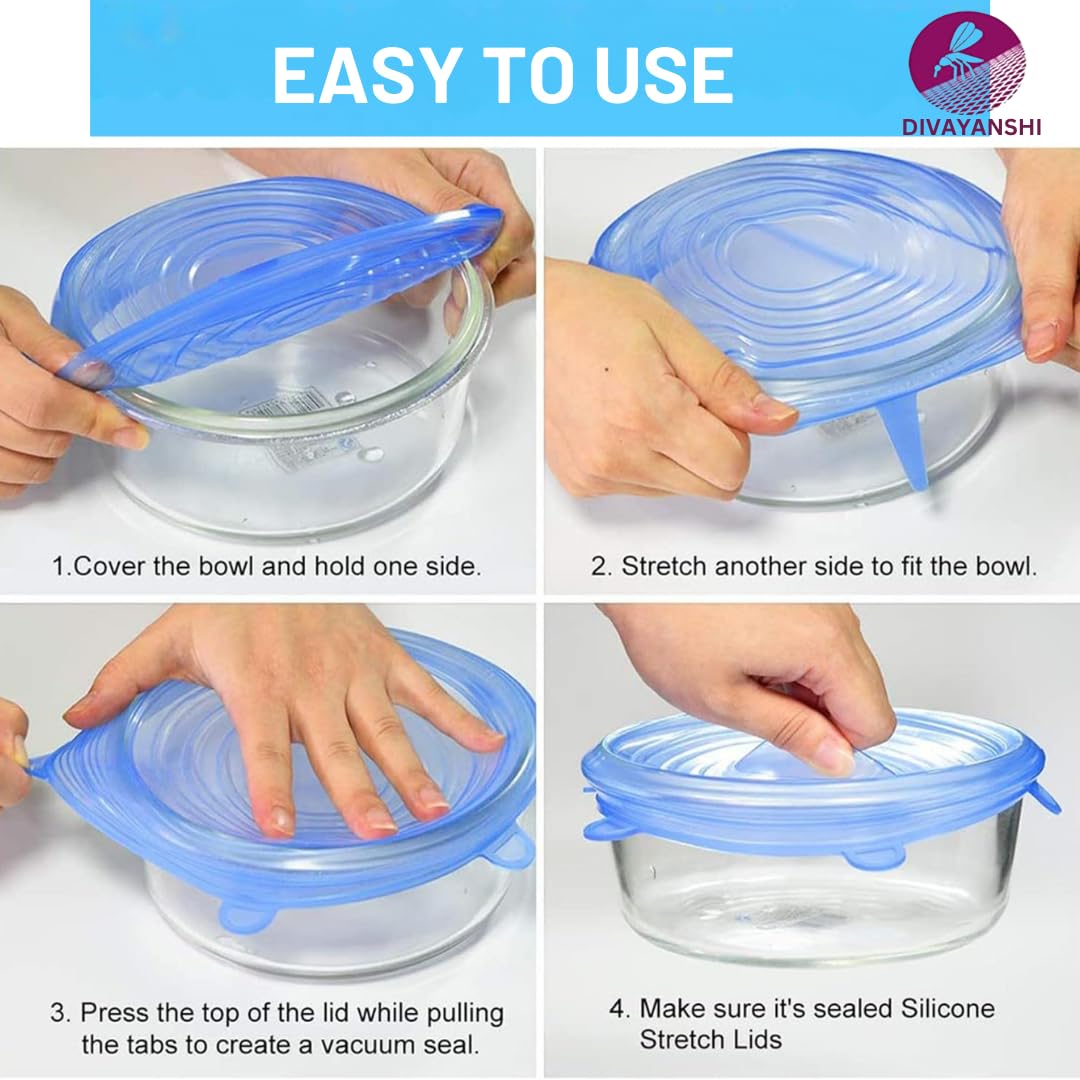 Divayanshi Silicone Stretch Lids for Food Storage | Reusable & Airtight Curved Dish   Covers | for outdoor picnic | BPA-Free, Leak-Proof, Microwave & Freezer Safe – Pack of 6 Flexible Silicone Lids - Image 8 thumbnail