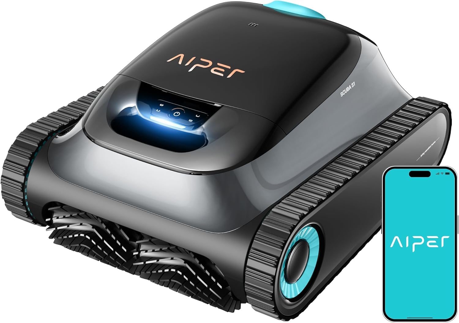 AIPER Scuba S1 Robot Pool Cleaner with a smartphone displaying the Aiper app interface
