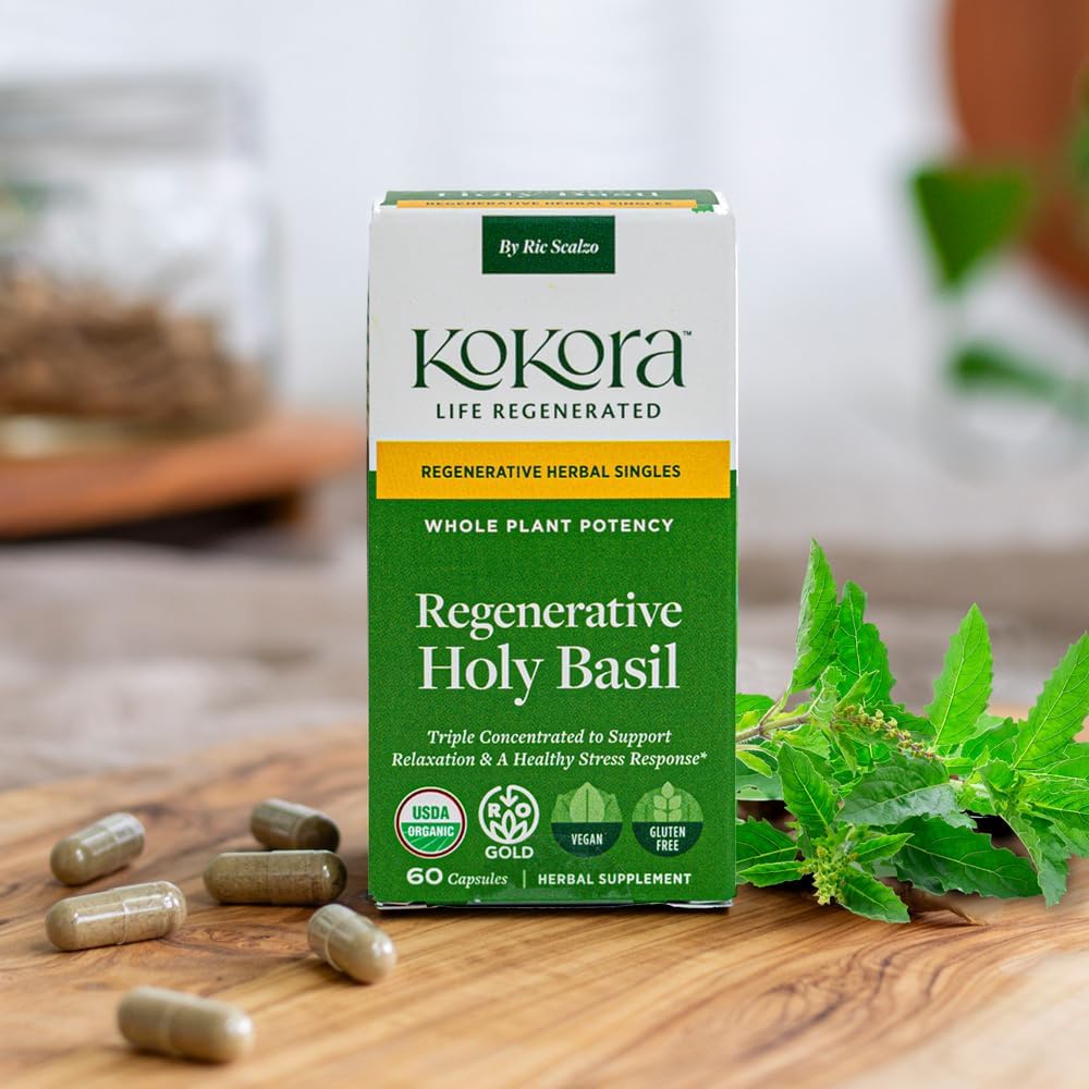 kokora Regenerative Holy Basil - Regenerative Organic Certified – Relaxation, Calm Mind, Stress Relief* -Vegan, Non-GMO – 60 Capsules - 30 Servings