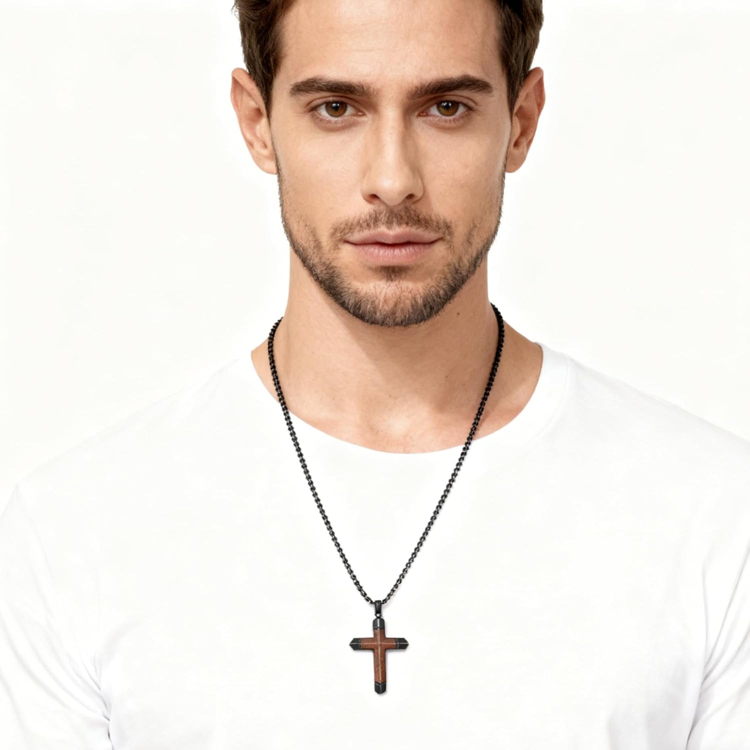 Cross Necklace for Men, Real Ebony Wooden Mens Cross Necklace Black Stainless Steel Christian Handmade Wood Pendant for Men, 24 Inch Box Chain - Image 3