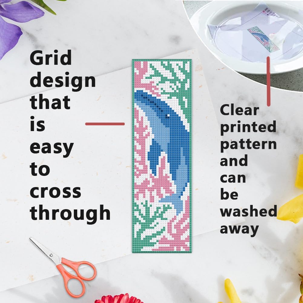 INFUNLY 6 Set Sea Animals Cross Stitch Bookmark Kit for Beginners Whale DIY Cross Stitch Kits Pre-Printed Jellyfish Summer Stamped Embroidery Bookmark Kit with Instruction for Book Lovers Reader Gift