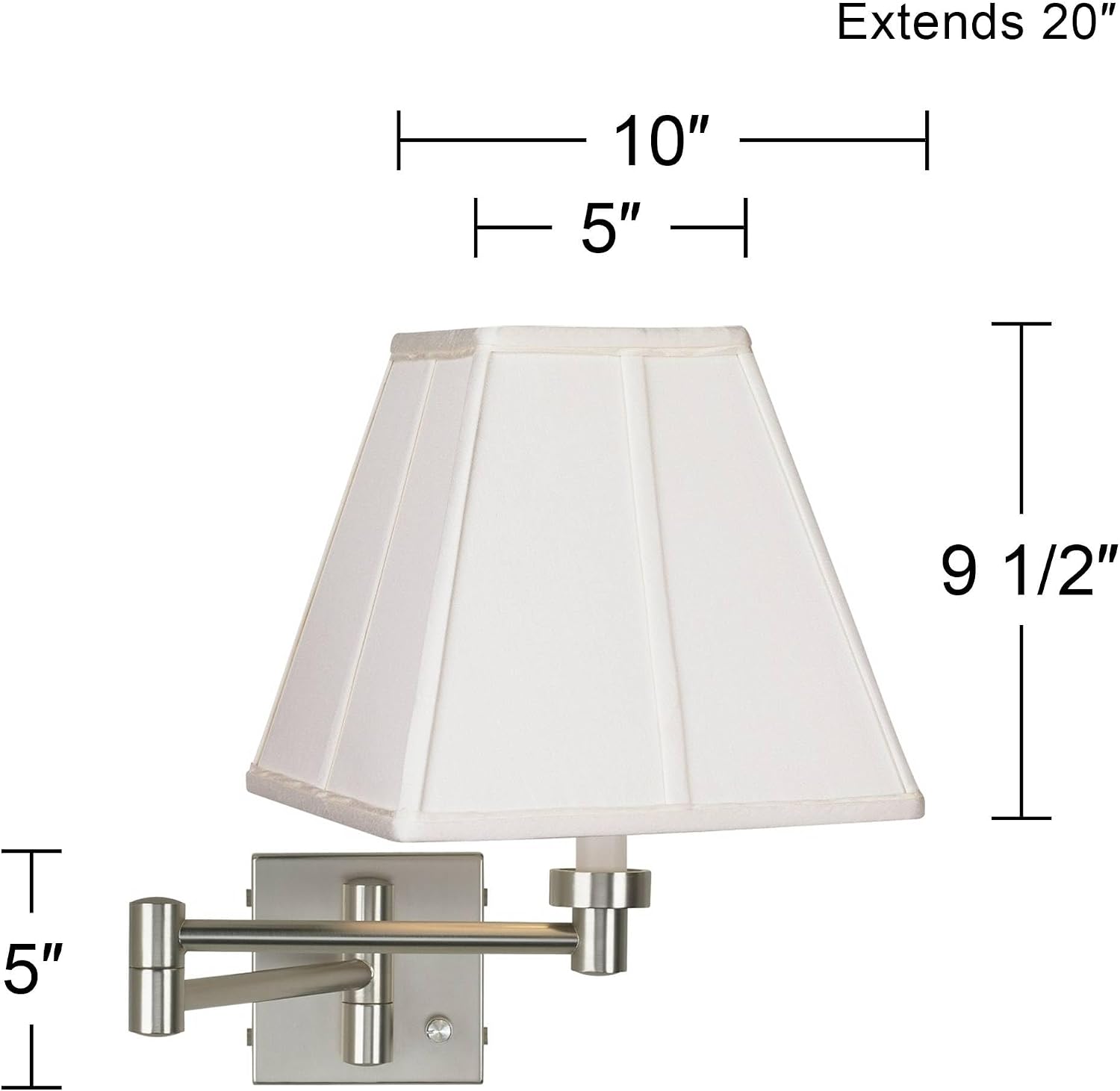 Possini Euro Design Modern Swing Arm Wall Lamp Brushed Nickel Silver Metal Plug-in Light Fixture Ivory Fabric Square Cut Shade for Bedroom Bedside House Reading Living Room Home Hallway Dining