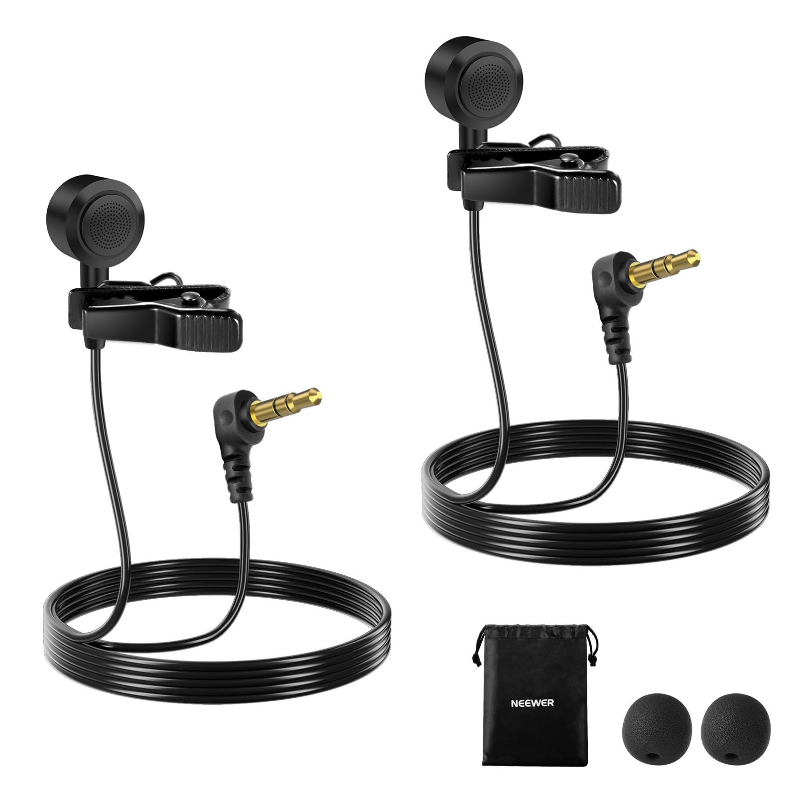 NEEWER Micrófono Lavalier de 9,7 mm de diámetro (Paquete de 2), micrófono de Condensador omnidireccional TRS de 3,5 mm con Cable de 1,5 m y Parabrisas para grabación de Video, vlogging, filmación