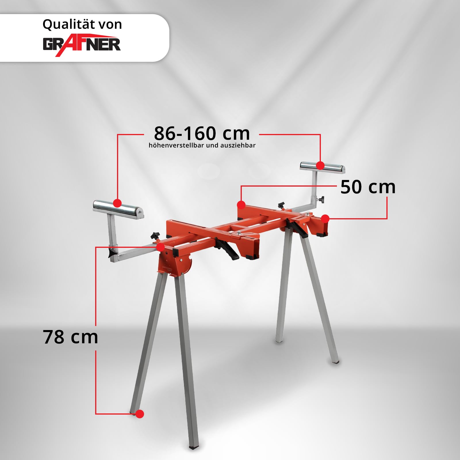 Grafner Maschinenuntergestell, für Maschinen wie Sägen und Bohrmaschinen, Traglast 250 kg, mit Rollen, Auflagen ausziehbar von 860-1600 mm, höhenverstellbar, Arbeitstisch Untergestell universal