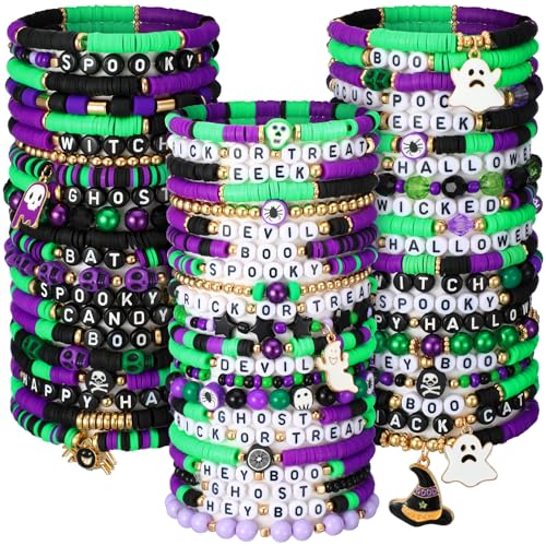 64 Pcs Halloween Bracelets Bulk for Women Stretch Vinyl Disc Clay Party Favor Bracelet Pack Halloween Beaded Accessories Jewelry for Goody Bag Fillers Party Supplies